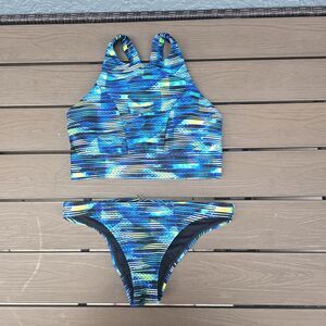 TYR Womens  Teal Amira  Striped Top & Scrunched Bikini Bottom Sz S NEW Sample